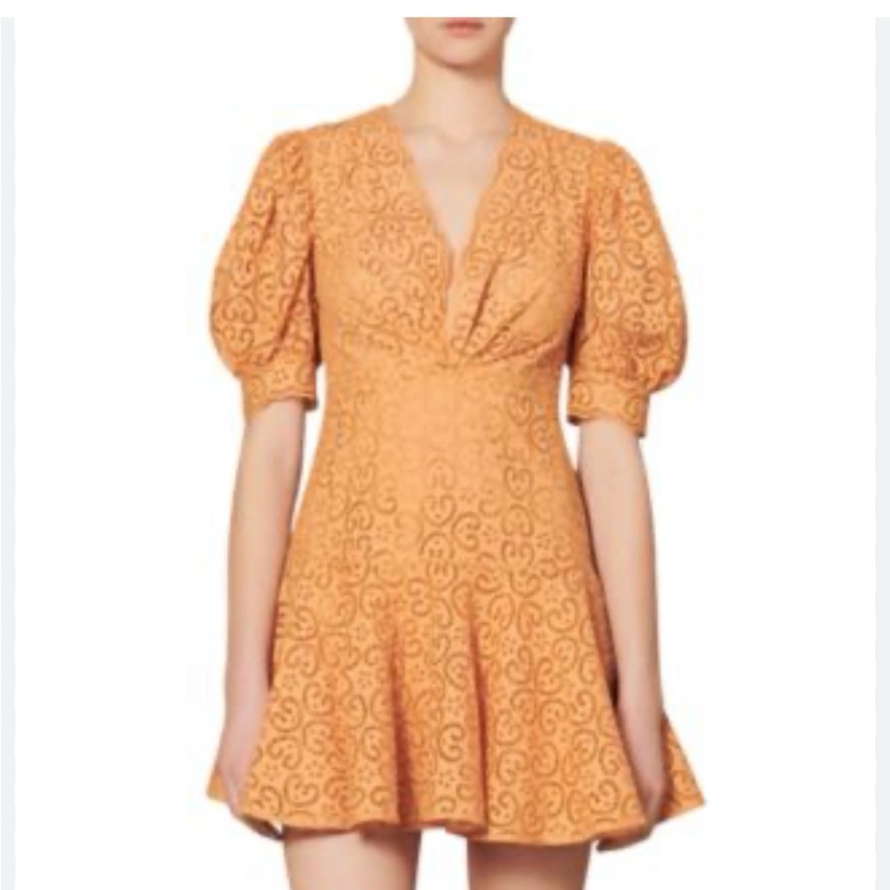 Sandro Orange Eyelet Puff-Sleeve Mini Dress 36